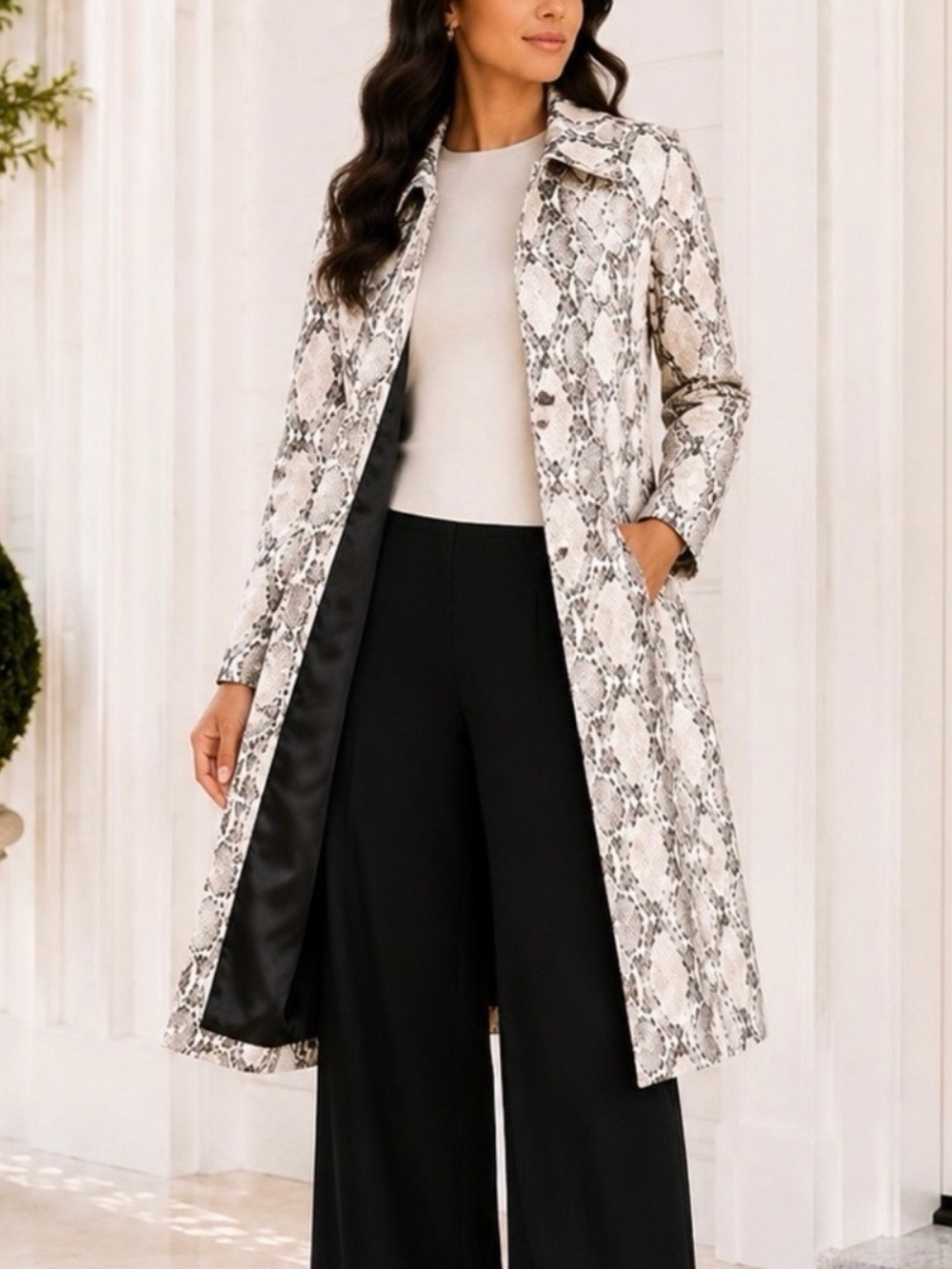 Choosy Faux Snake-skin Long Trench Coat - Neutral (black, white. & tan).
